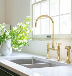 a vase with flowers in it sitting on a kitchen counter next to a sink and window