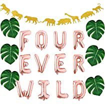 the letters four ever wild are surrounded by jungle leaves and gold foil animals on a white background