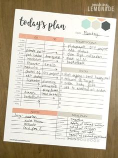 a printable meal planner on a wooden surface with the words today's plan