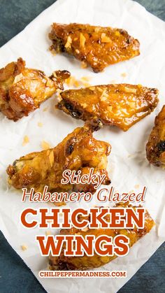 chicken wings with text overlay that reads sticky habanero glazed chicken wings recipe