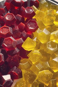 Image of homemade red and yellow gummy edibles. Homemade Gummy Recipe, Edible Gummies Recipe, Edible Gummy Recipe With Coconut Oil, Natural Gummies Recipe, Cannibus Oil How To Make, Edible Candy Recipes, How To Make Edibles With Bud, Cannaoil Gummies, Cannabutter Gummies Recipe