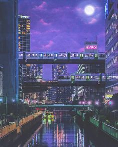 the city is lit up at night with lights reflecting in the water and buildings on both sides