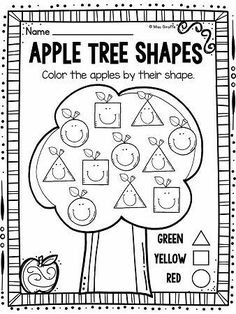 an apple tree shape and color worksheet for kids to practice shapes in the classroom