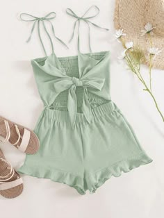 Mint Green Boho Collar Sleeveless Woven Fabric Plain Cami Embellished Slight Stretch Summer Women Clothing Green Outfits Summer, Mint Green Outfits, European Travel Outfit, Cute Outfits With Shorts, Spaghetti Strap Jumpsuit, Summer Jumpsuit, Shein Outfits, Womens Fashion Inspiration