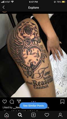 a woman's leg with a tattoo on it and an image of a clock