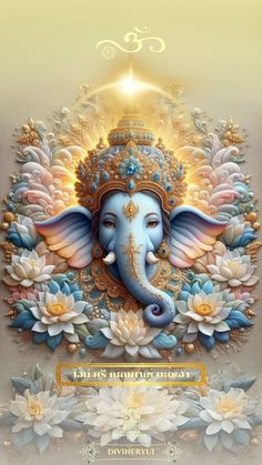 there is an elephant with flowers on it's head in front of the sun