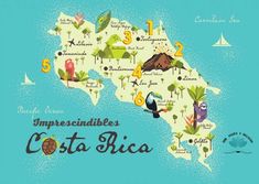 an illustrated map of costa rica with all the main attractions and places to see in it