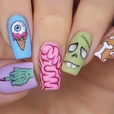 Creepy Cute Nails, October Nails Acrylic, Winter Nail 2023, Emoji Nails, Nail 2023, Halloween Nails Diy, Holloween Nails, Halloween Acrylic Nails, October Nails