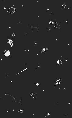 black and white image of space with stars, planets and rockets in the night sky