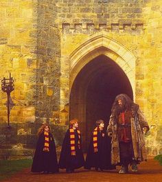 a group of people standing in front of a stone building with harry potter robes on