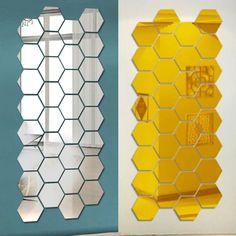 two mirrors that are next to each other in the same room, one with yellow hexagons on it