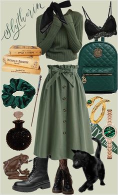 Hogwarts Teacher Outfits, Green And Brown Outfit, Forest Green Outfit, Olive Green Outfits