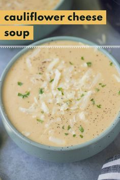 a bowl of cauliflower cheese soup with the title above it in yellow text