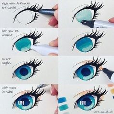 step by step instructions on how to draw an eye with colored pencils and watercolor paints