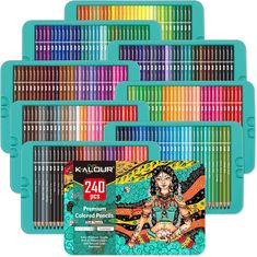 colored pencils are shown in different colors and sizes, including one with an image of a