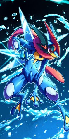 an image of a blue and red pokemon character in the air with water splashing around