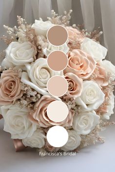 a bridal bouquet with different shades of pink, white and beige flowers on it