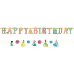 a happy birthday banner with princess figures and balloons hanging from it's side on a white background