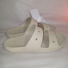 Crocs Iconic Comfort Classic Beige Double Strap Slip On Rubber Slide Sandals Open Toes Perfect For The Beach Travel Vacation Everyday Use Etc. New With Tags Unisex M7 W9 206761-2y2 Crocs Two Strap Slides, Shoes Crocs, Women's Crocs, Beach Travel, Walker Boots, Crocs Shoes, Body Shapers, Fit N Flare Dress, Rain And Snow Boots