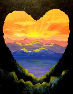 a heart shaped painting with mountains in the background