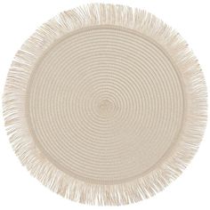 a round white rug with fringes on the top and bottom, against a white background