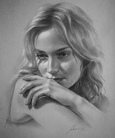 a pencil drawing of a woman's face with her hand resting on her shoulder