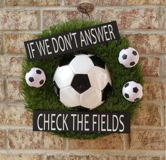 some soccer balls are sitting in the grass near a sign that says, if we don't answer check the fields