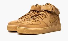 The Nike Air Force 1 Mid “Flax” is a popular colorway inspired by classic construction boots.  The original Air Force 1 “Flax” makeup was released back in the early 2010s as a homage to the look of tan construction boots, particularly the Timberland 6” Premium Boot worn by construction workers and street style stars alike.  The shoe features a monochromatic Flax suede upper with tonal Swoosh branding on the sides.  Both the adjustable ankle strap found on the collar and the overlays are designed Nike Air Force 1 Mid, Nike Air Force 1 High, Air Force 1 Mid, Air Force 1 High, Air Force One, Nike Basketball Shoes, Nike Kids, Sneaker Collection, Jordan Retro