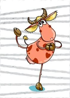 a cartoon cow standing on one leg and holding an object in its hand with both hands