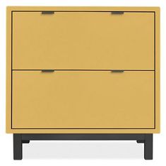 a yellow cabinet with two drawers on the bottom and one drawer open, in front of a white background