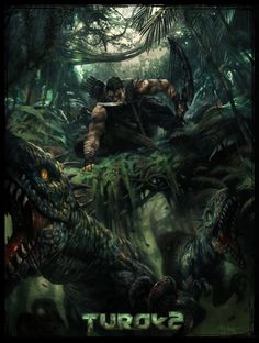 a man riding on the back of a dinosaur in a jungle with trees and plants