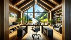 an office with a mountain view through the window