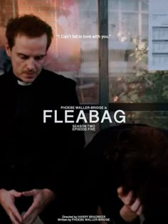 a man standing next to a woman in front of a window with the words fleabag written on it