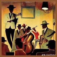 a painting of men in suits and hats playing instruments