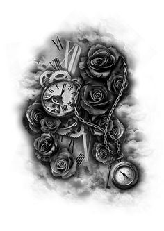 a clock and roses tattoo design on the back of a man's arm,