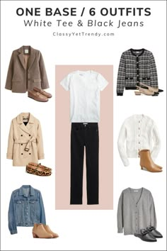 1 Base, 6 Outfits: How To Style Multiple Outfits With A White Tee and Black Jeans - Classy Yet Trendy Functional Wardrobe, Classy Yet Trendy, Multiple Outfits, Fall Capsule Wardrobe, Fashion Capsule, Smart Casual Outfit, Outfit Combinations