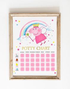 a pink pig with a crown on it's head holding a wand and standing in front of a potty chart