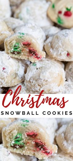 christmas snowball cookies are stacked on top of each other with the words, christmas snowball cookies