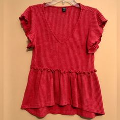 Like New, Never Worn. Shein Red Waffle Knit V-Neck Butterfly Sleeve Knit Top With Peplum Bottom. Pet Free/Smoke Free Home Offers Welcome Shein Tops, Butterfly Sleeves, Waffle Knit, High Tops, Knit Top, Like New, Top Blouse, V Neck, Womens Tops