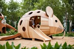 a child playing in a wooden mouse shaped playground