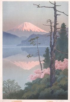 a painting of a mountain with trees in the foreground and water in the background