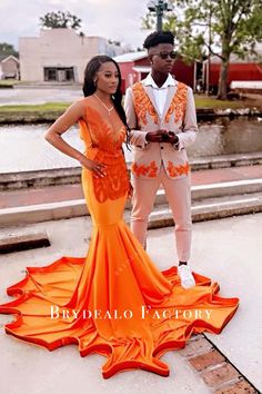 Orange Jersey Mermaid Ruffled Long Train Prom Dress Orange Prom Couple, Prom Colors For Couples, Prom Fits, Prom Dress Sleeveless, Orange Prom Dresses, Orange Jersey, Prom Dress With Train, Prom Couples, Dance Ideas