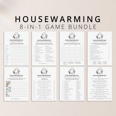 the housewarming 8 in 1 game bundle is shown on a beige background with black and