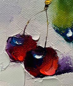 an abstract painting of two cherries with drops of water on the top and bottom