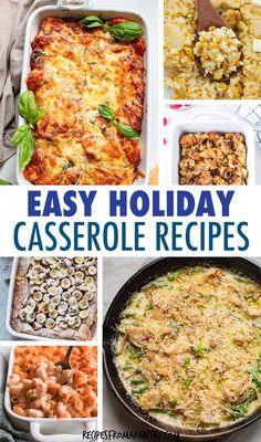 an easy holiday casserole recipe collage with the title in blue overlay