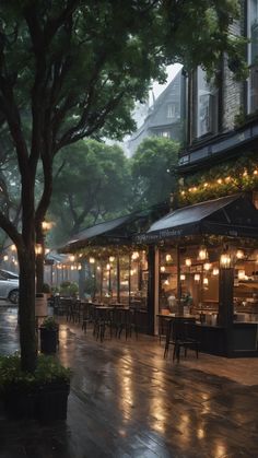 an empty street with tables and umbrellas on a rainy day in the city at night