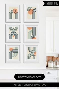 four framed art pieces hanging on the wall above a kitchen counter with text overlaying it