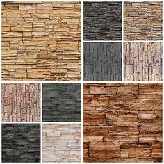 different types of stone wall panels in various colors and sizes, including brown, black, gray