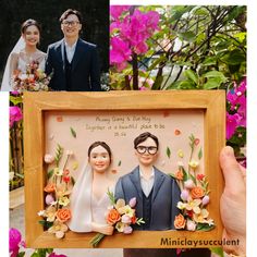 two pictures of people in wedding attire, one with flowers and the other with an ornament