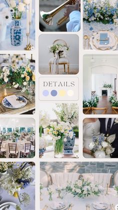 a collage of photos with blue and white flowers in vases, chairs, table settings